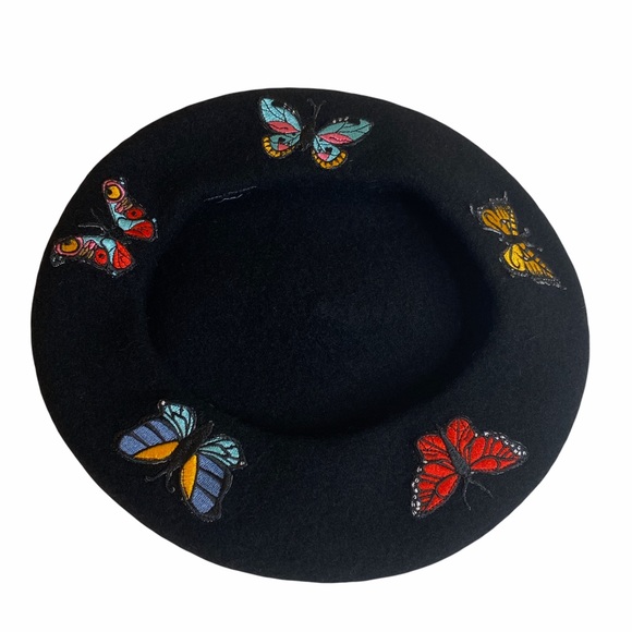 VHTF: Valfre ☻︎ Social Butterfly Embroidered Beret Hat ☻︎ Black Wool ☻︎ Colorful - Picture 7 of 17